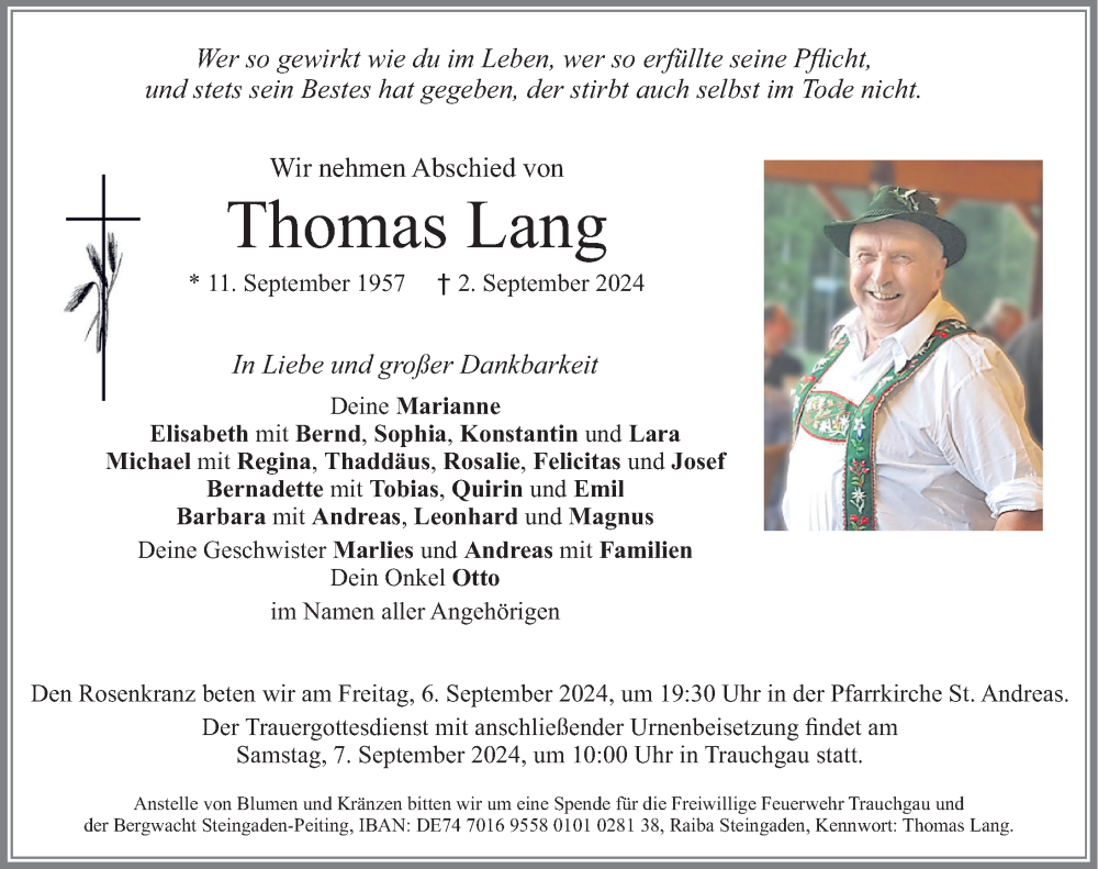  Traueranzeige für Thomas Lang vom 05.09.2024 aus Allgäuer Zeitung, Füssen