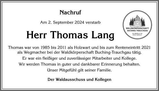 Traueranzeige von Thomas Lang von Allgäuer Zeitung, Füssen