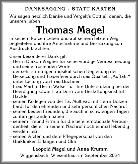 Traueranzeige von Thomas Magel von Allgäuer Zeitung,Kempten