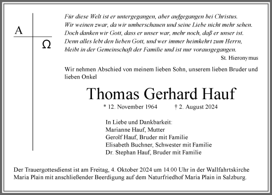 Traueranzeige von Thomas Gerhard Hauf von Allgäuer Zeitung, Gesamtausgabe