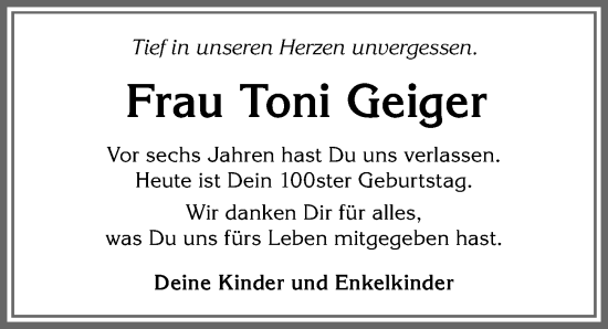 Traueranzeige von Toni Geiger von Allgäuer Anzeigeblatt