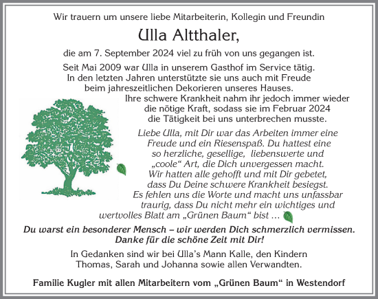 Traueranzeige von Ulla Altthaler von Allgäuer Zeitung, Kaufbeuren/Buchloe