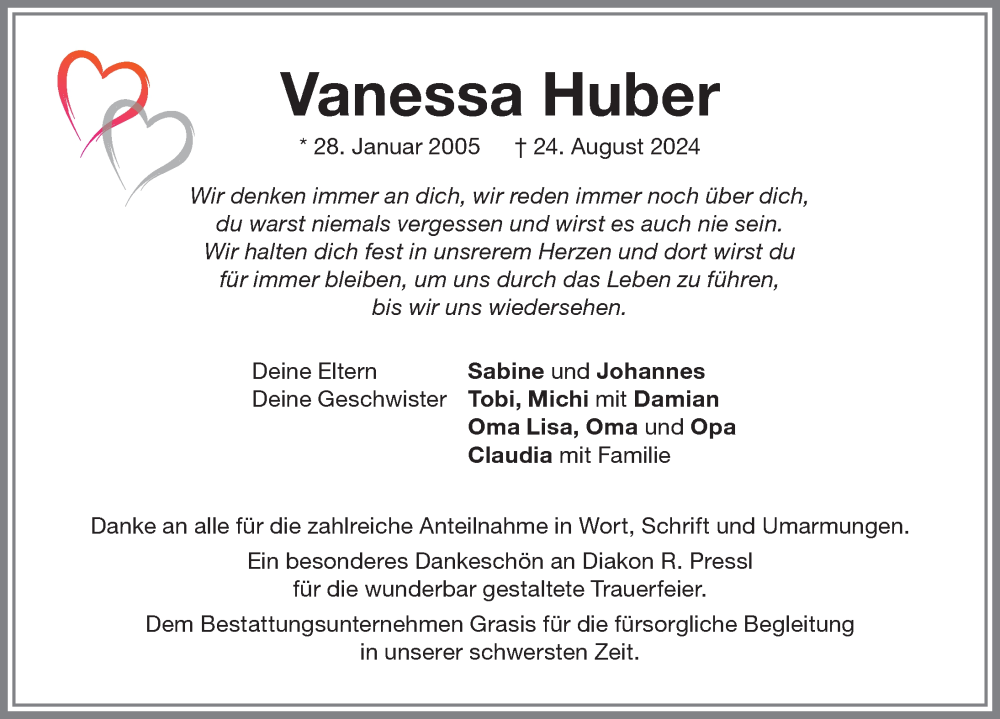 Traueranzeige für Vanessa Huber vom 07.09.2024 aus Memminger Zeitung