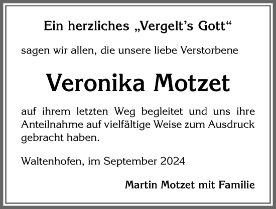 Traueranzeige von Veronika Motzet von Allgäuer Zeitung,Kempten