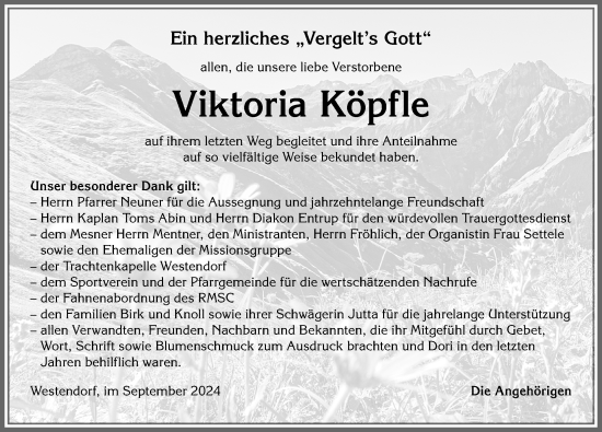 Traueranzeige von Viktoria Köpfle von Allgäuer Zeitung, Kaufbeuren/Buchloe