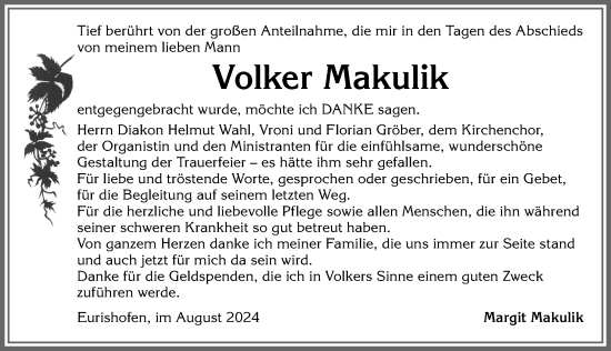 Traueranzeige von Volker Makulik von Allgäuer Zeitung, Kaufbeuren/Buchloe