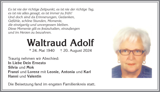 Traueranzeige von Waltraud Adolf von Allgäuer Zeitung, Kaufbeuren/Buchloe
