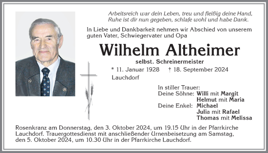 Traueranzeige von Wilhelm Altheimer von Augsburger Allgemeine, Mindelheimer Zeitung