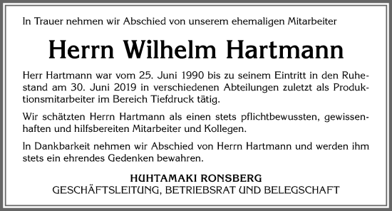 Traueranzeige von Wilhelm Hartmann von Allgäuer Zeitung, Marktoberdorf