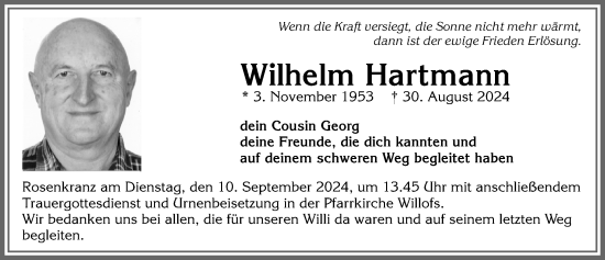 Traueranzeige von Wilhelm Hartmann von Allgäuer Zeitung, Marktoberdorf