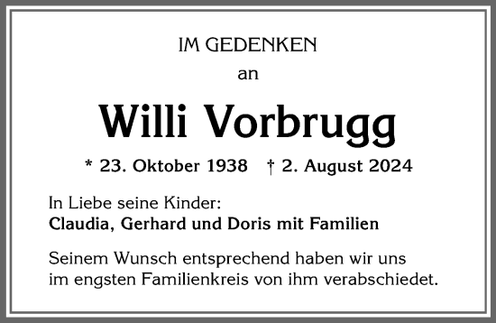 Traueranzeige von Willi Vorbrugg von Allgäuer Zeitung, Füssen