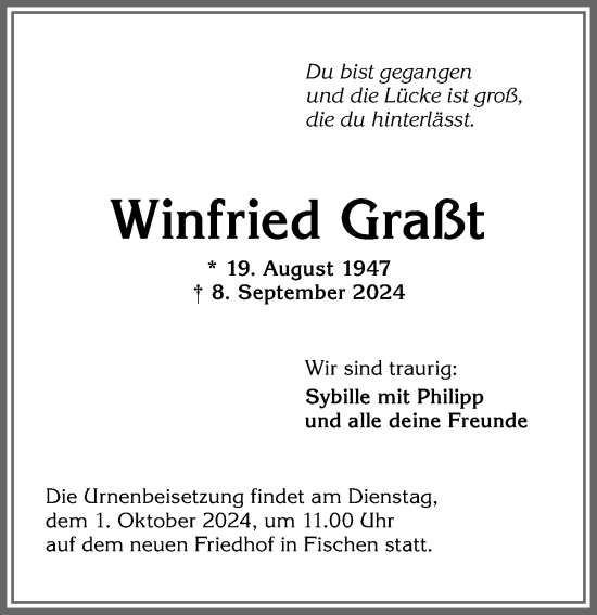 Traueranzeige von Winfried Graßt von Allgäuer Anzeigeblatt