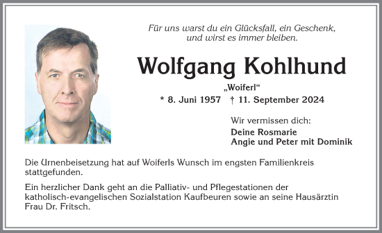Traueranzeige von Wolfgang Kohlhund von Allgäuer Zeitung, Kaufbeuren/Buchloe