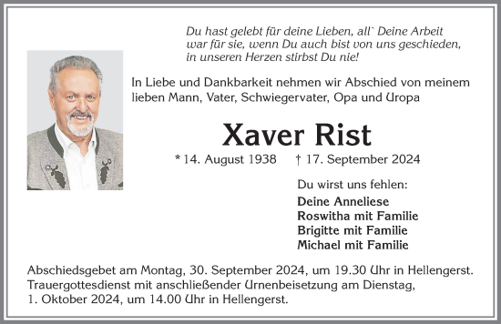 Traueranzeige von Xaver Rist von Allgäuer Zeitung,Kempten
