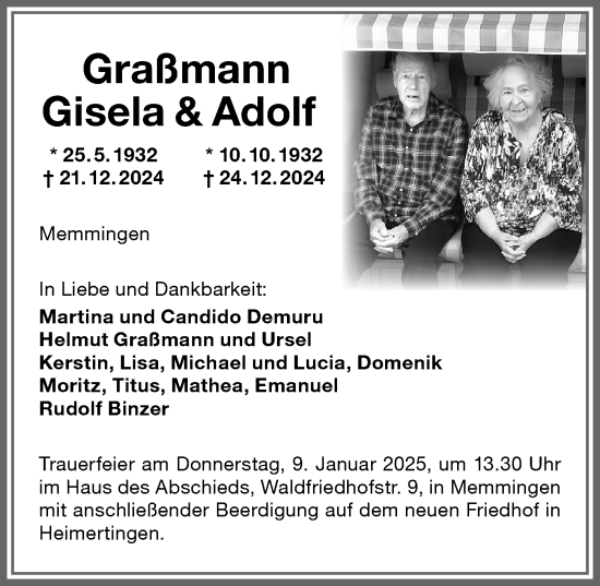 Traueranzeige von Adolf Graßmann von Memminger Zeitung