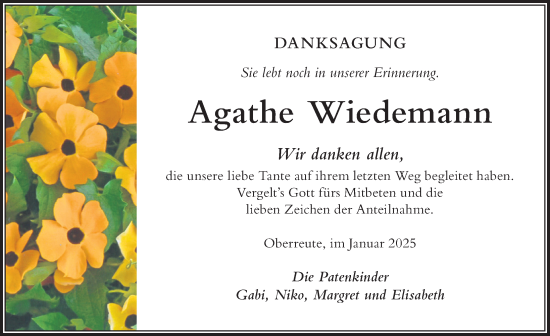 Traueranzeige von Agathe Wiedemann von Der Westallgäuer