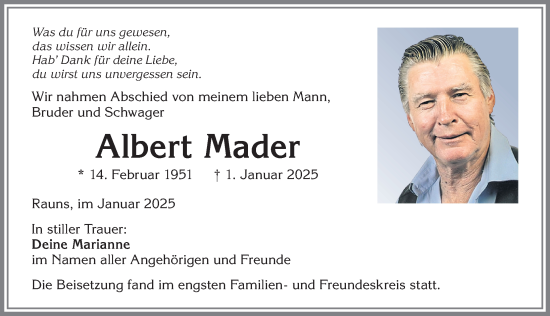 Traueranzeige von Albert Mader von Allgäuer Zeitung,Kempten