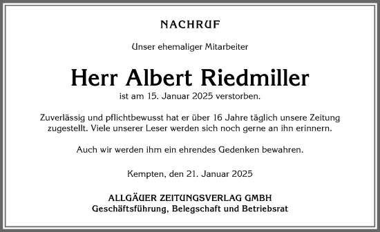 Traueranzeige von Albert Riedmiller von Allgäuer Anzeigeblatt