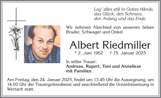 Traueranzeige von Albert Riedmiller von Allgäuer Anzeigeblatt
