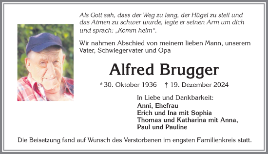 Traueranzeige von Alfred Brugger von Allgäuer Zeitung, Kaufbeuren/Buchloe