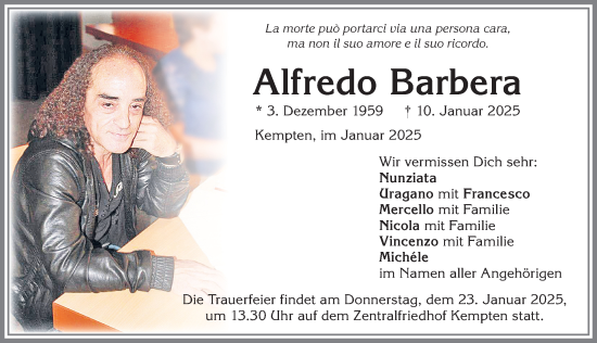 Traueranzeige von Alfredo Barbera von Allgäuer Zeitung,Kempten