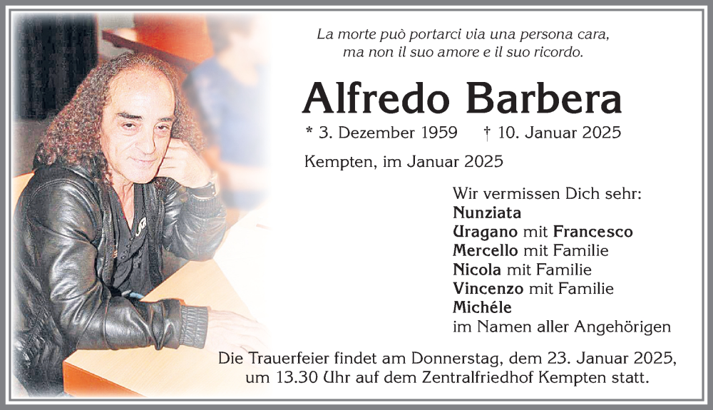  Traueranzeige für Alfredo Barbera vom 18.01.2025 aus Allgäuer Zeitung,Kempten