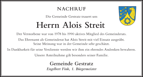 Traueranzeige von Alois Streit von Der Westallgäuer
