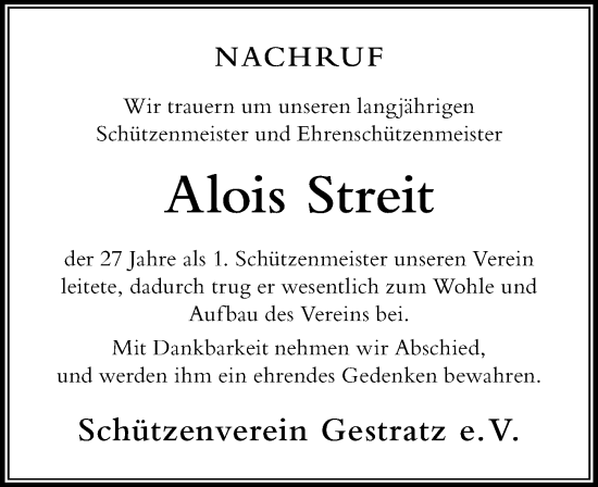Traueranzeige von Alois Streit von Der Westallgäuer