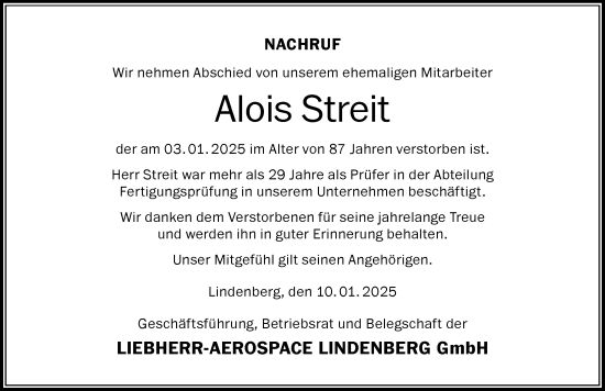Traueranzeige von Alois Streit von Der Westallgäuer