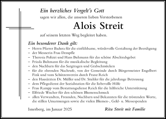 Traueranzeige von Alois Streit von Der Westallgäuer