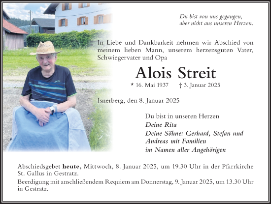 Traueranzeige von Alois Streit von Der Westallgäuer