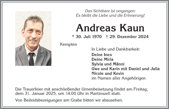 Traueranzeige von Andreas Kaun von Allgäuer Zeitung,Kempten
