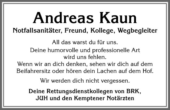 Traueranzeige von Andreas Kaun von Allgäuer Zeitung,Kempten
