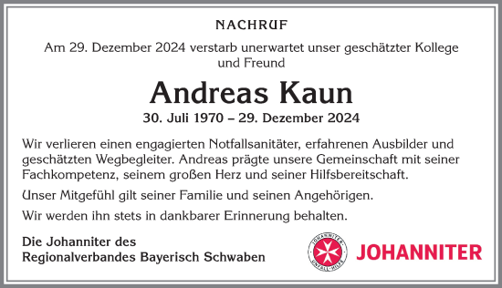 Traueranzeige von Andreas Kaun von Allgäuer Anzeigeblatt