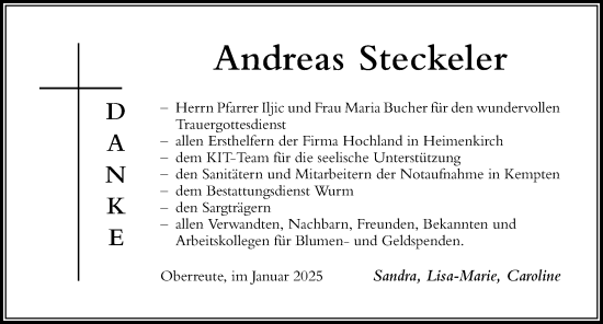 Traueranzeige von Andreas Steckeler von Der Westallgäuer