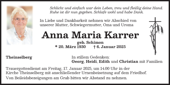 Traueranzeige von Anna Maria Karrer von Memminger Zeitung