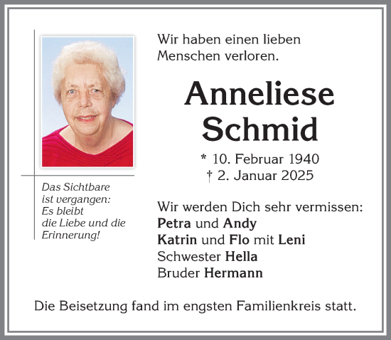 Traueranzeige von Anneliese Schmid von Allgäuer Zeitung,Kempten