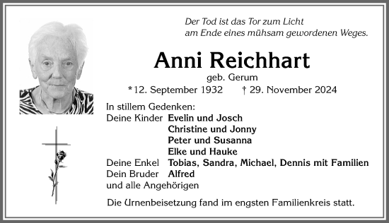 Traueranzeige von Anni Reichhart von Allgäuer Zeitung, Kaufbeuren/Buchloe