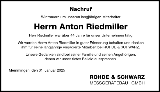 Traueranzeige von Anton Riedmiller von Memminger Zeitung