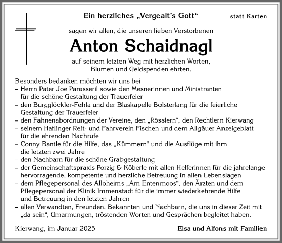 Traueranzeige von Anton Schaidnagl von Allgäuer Anzeigeblatt