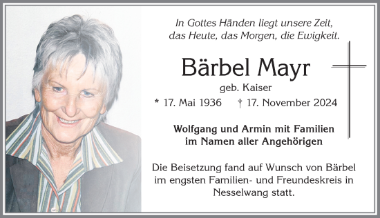 Traueranzeige von Bärbel Mayr von Allgäuer Zeitung, Füssen