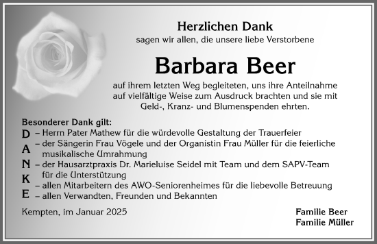Traueranzeige von Barbara Beer von Allgäuer Zeitung,Kempten