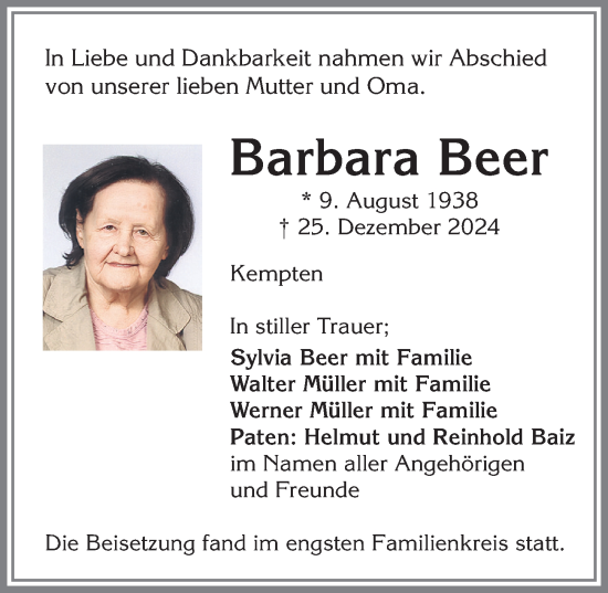 Traueranzeige von Barbara Beer von Allgäuer Zeitung,Kempten