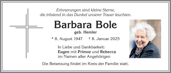 Traueranzeige von Barbara Bole von Allgäuer Zeitung, Kaufbeuren/Buchloe