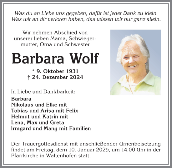 Traueranzeige von Barbara Wolf von Allgäuer Zeitung,Kempten