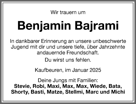 Traueranzeige von Benjamin Bajrami von Allgäuer Zeitung, Kaufbeuren/Buchloe