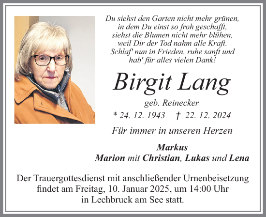 Traueranzeige von Birgit Lang von Allgäuer Zeitung, Füssen