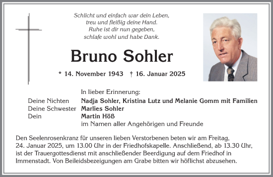 Traueranzeige von Bruno Sohler von Allgäuer Anzeigeblatt