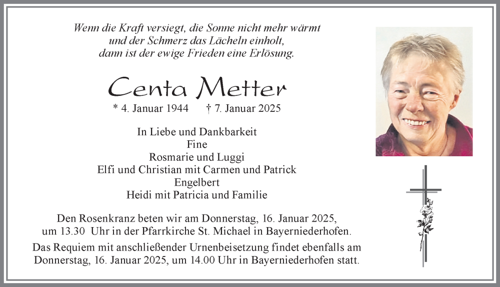  Traueranzeige für Centa Metter vom 14.01.2025 aus Allgäuer Zeitung, Füssen