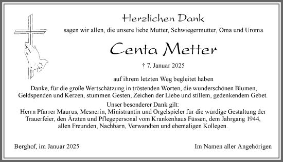 Traueranzeige von Centa Metter von Allgäuer Zeitung, Füssen